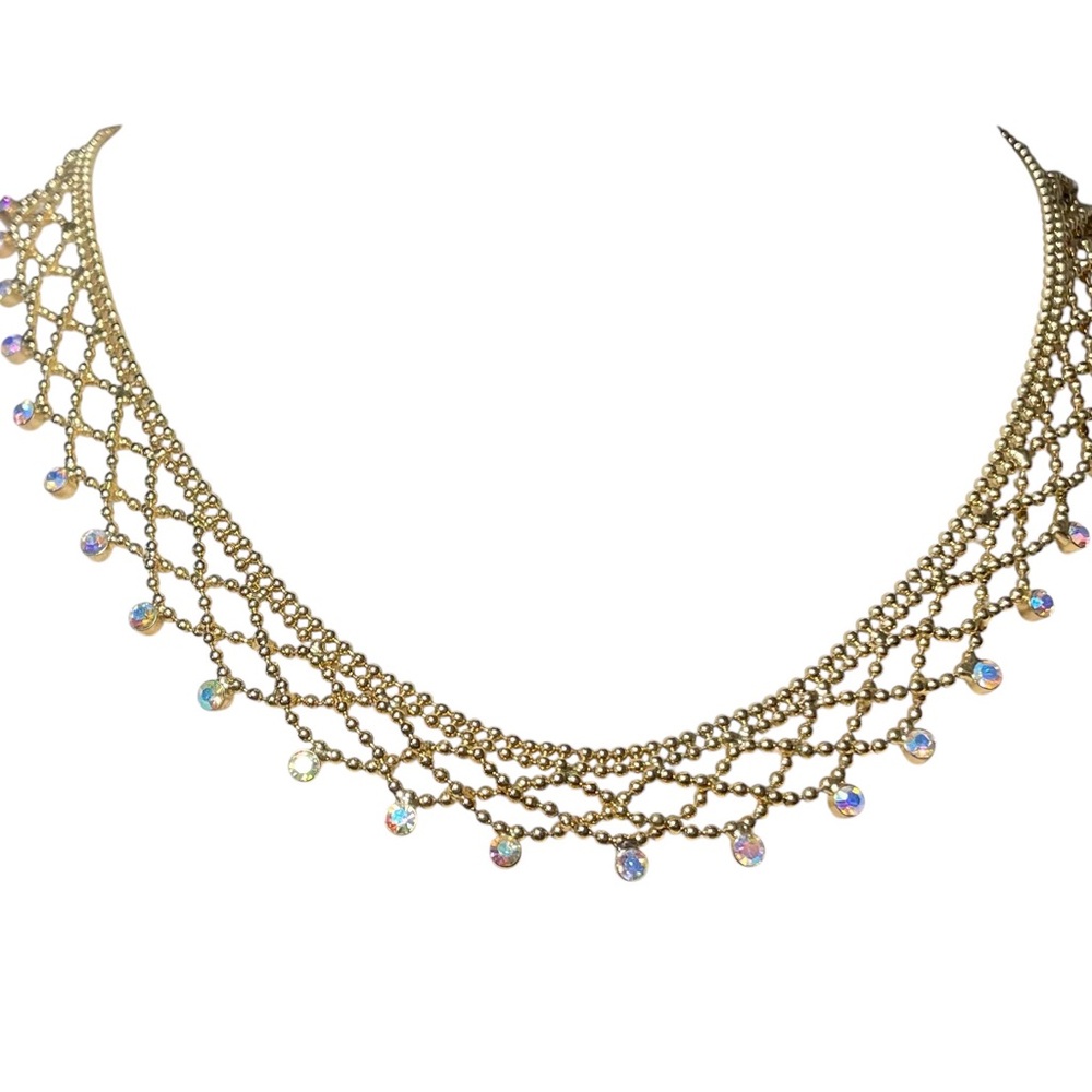 GIVENCHY BEAUTIFUL VINTAGE LACE PATTERN AB RHINESTONE GOLD TONE Choker Necklace